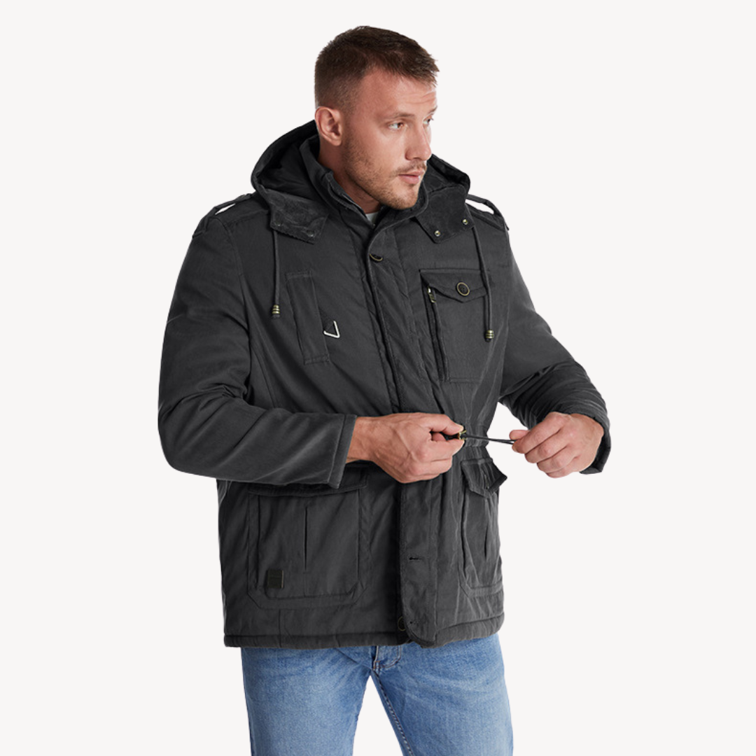 Weather-resistant men's hooded utility parka, a warm zip-through coat for outdoor fall & winter.