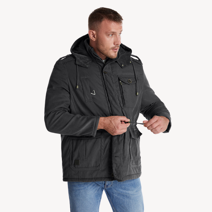 Weather-resistant men's hooded utility parka, a warm zip-through coat for outdoor fall & winter.