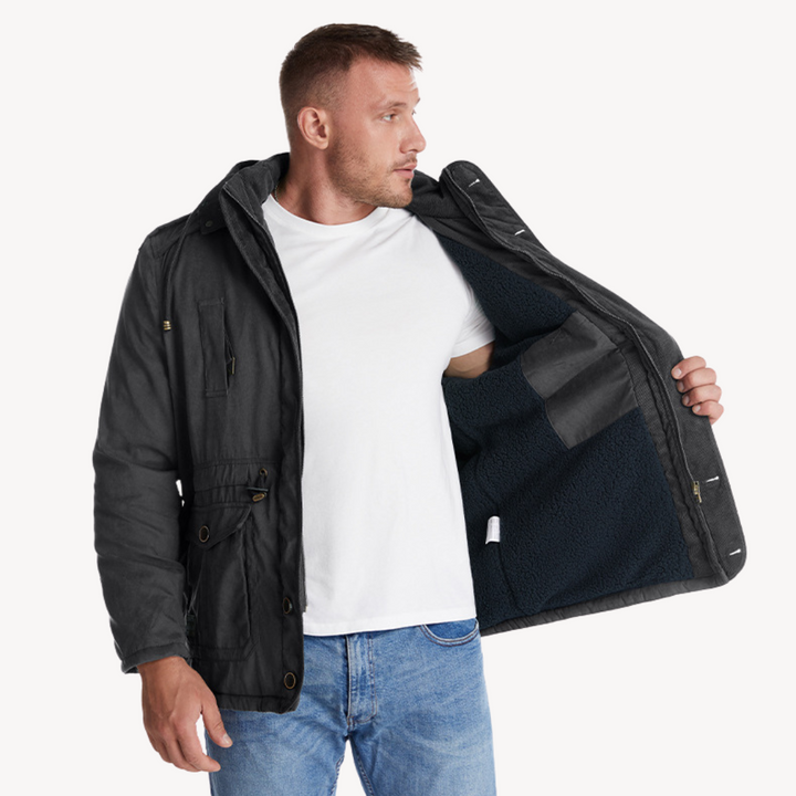 Stylish men's casual hooded utility jacket, a warm zip-through parka perfect for outdoor fall wear.