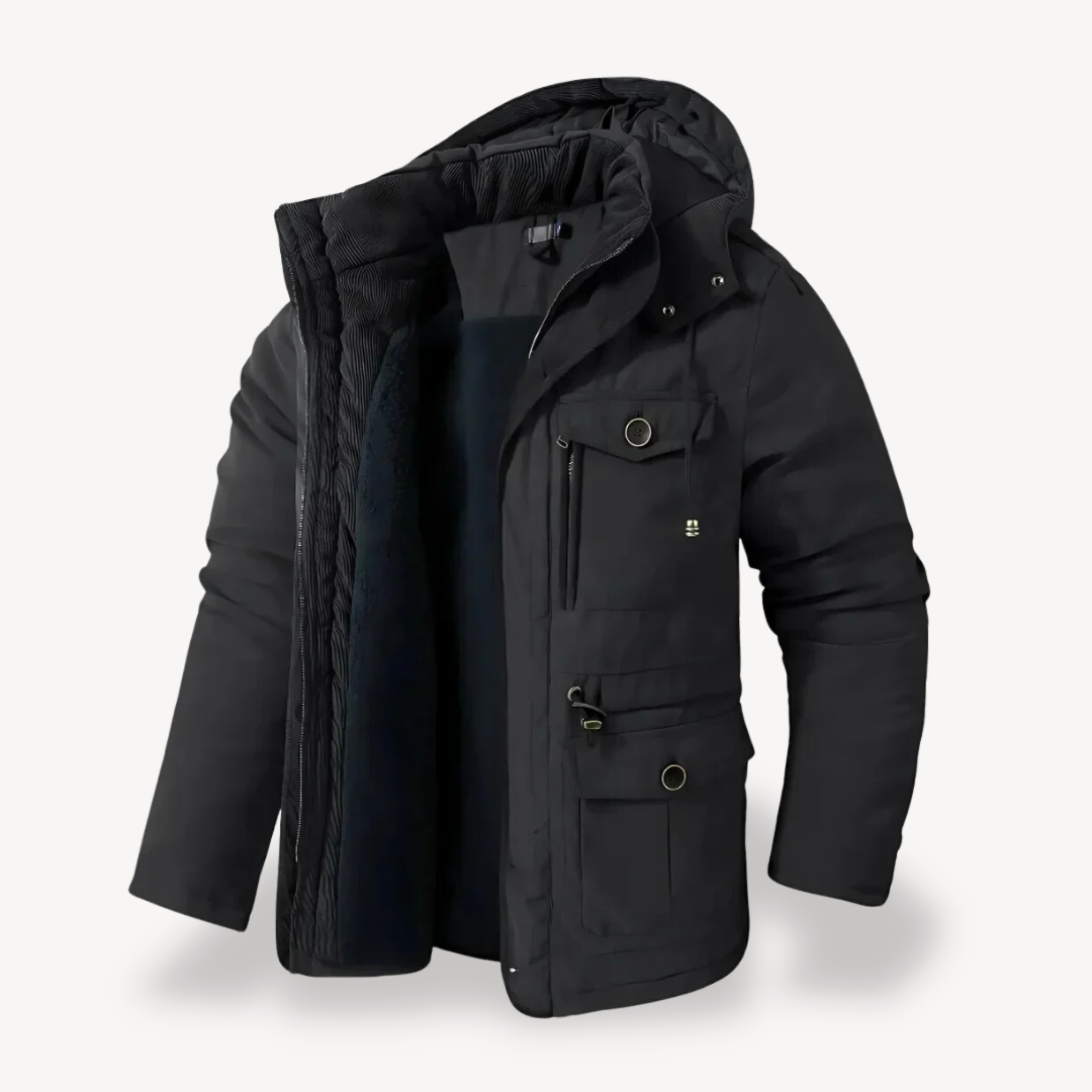 Rugged men's hooded utility parka, warm outdoor gear & zip-through adventure wear for winter.