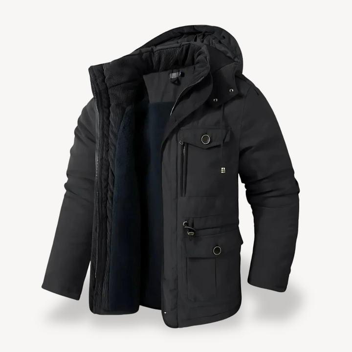 Rugged men's hooded utility parka, warm outdoor gear & zip-through adventure wear for winter.