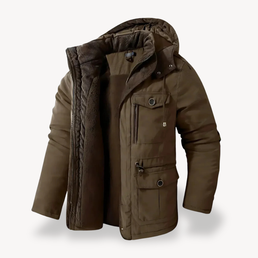 Men's zip-through hooded utility jacket, offering warmth and weather resistance for outdoor wear.