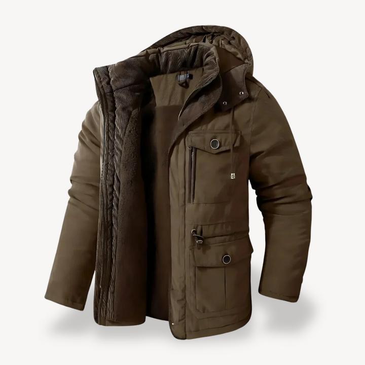 Men's zip-through hooded utility jacket, offering warmth and weather resistance for outdoor wear.