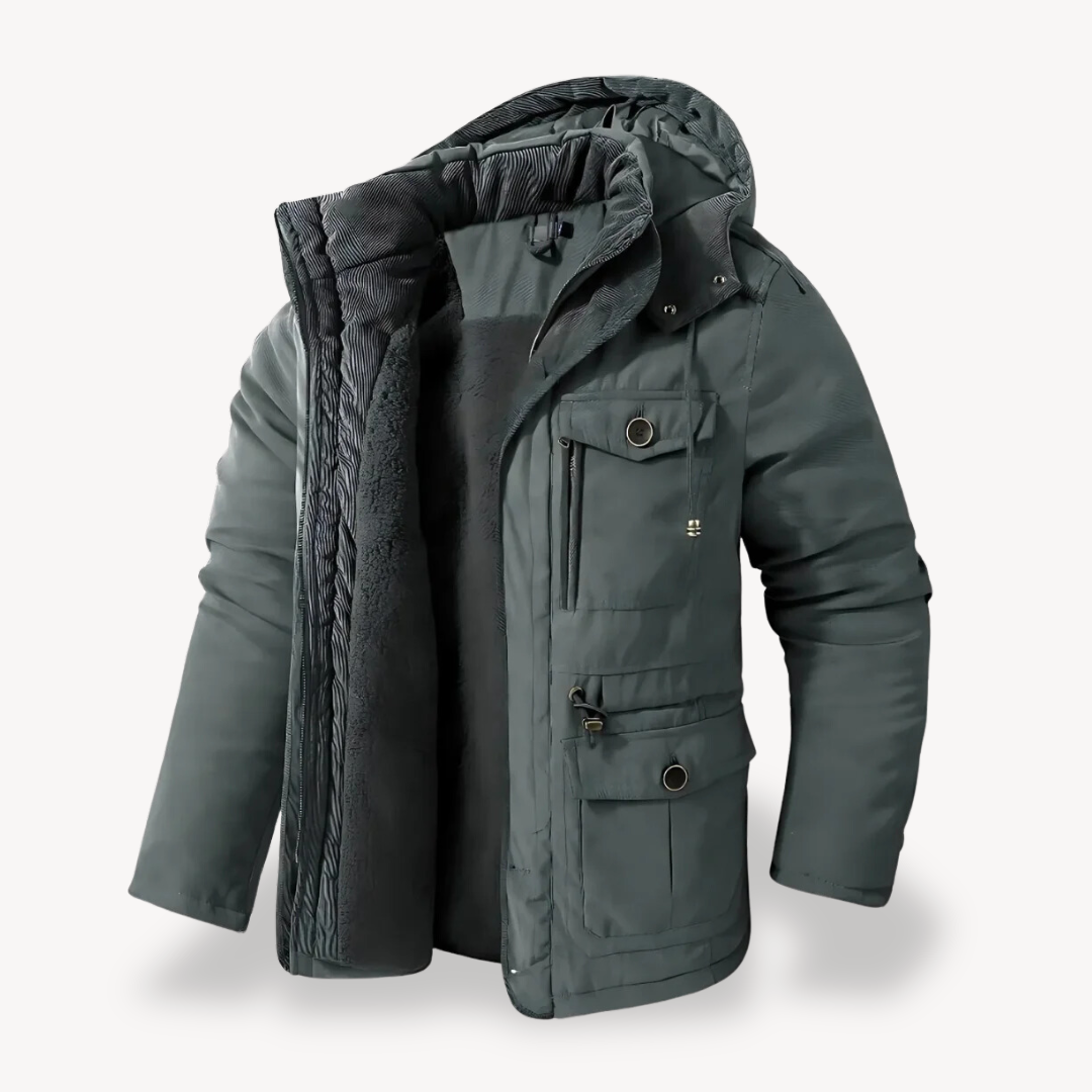 Practical men's hooded utility jacket, a durable, warm zip-through parka for outdoor fall & winter.