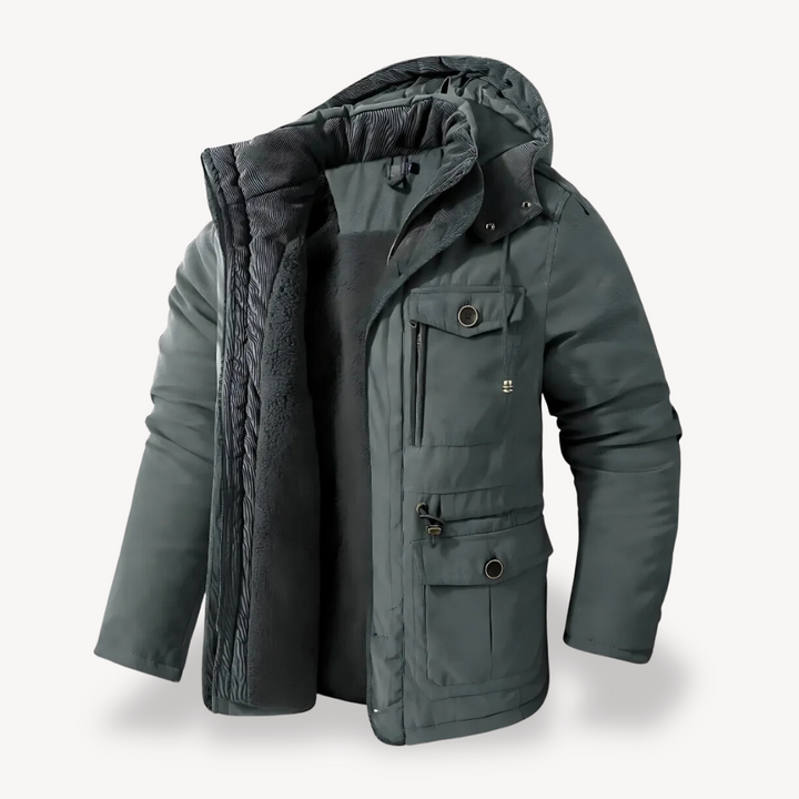 Practical men's hooded utility jacket, a durable, warm zip-through parka for outdoor fall & winter.