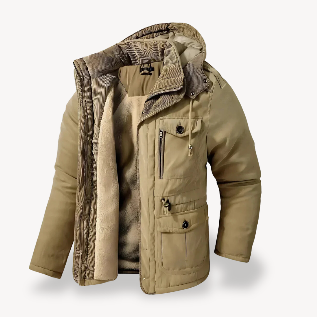 Warm men's hooded parka, a comfortable zip-through utility jacket for cold winter outdoor activities.