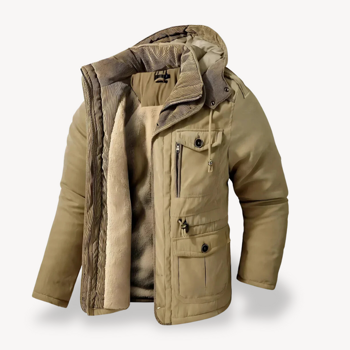 Warm men's hooded parka, a comfortable zip-through utility jacket for cold winter outdoor activities.