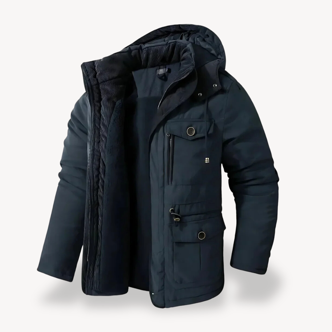 Men's warm hooded utility jacket, a versatile zip-through parka coat for outdoor fall & winter.