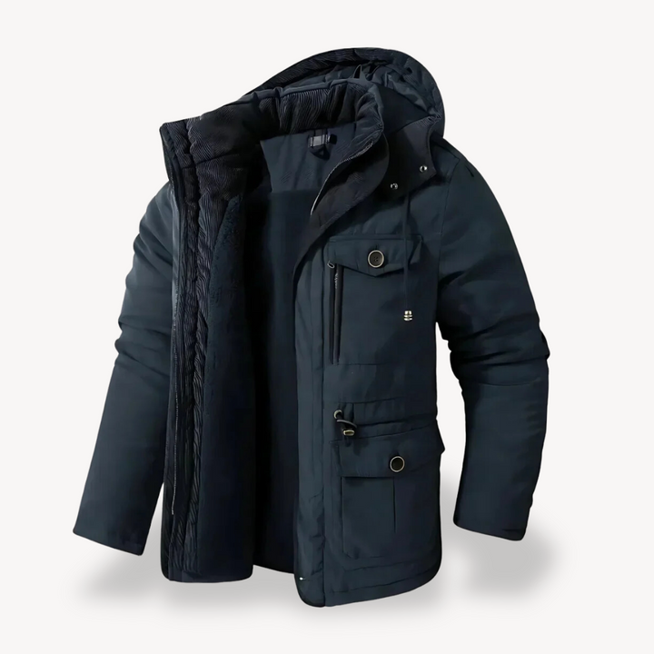 Men's warm hooded utility jacket, a versatile zip-through parka coat for outdoor fall & winter.