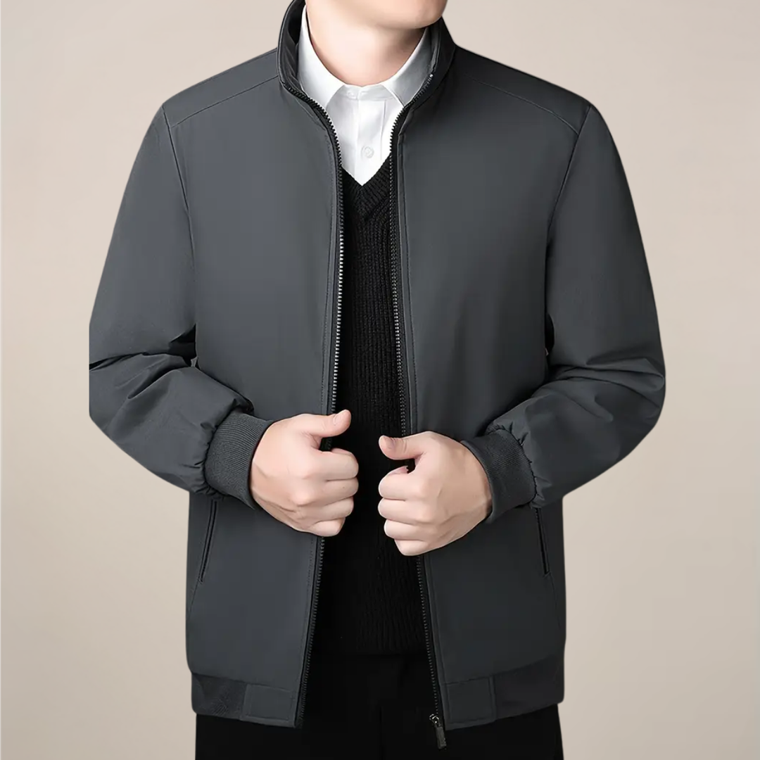 Men's warm insulated winter jacket with stand collar and zip-up front, perfect for cold weather outerwear.