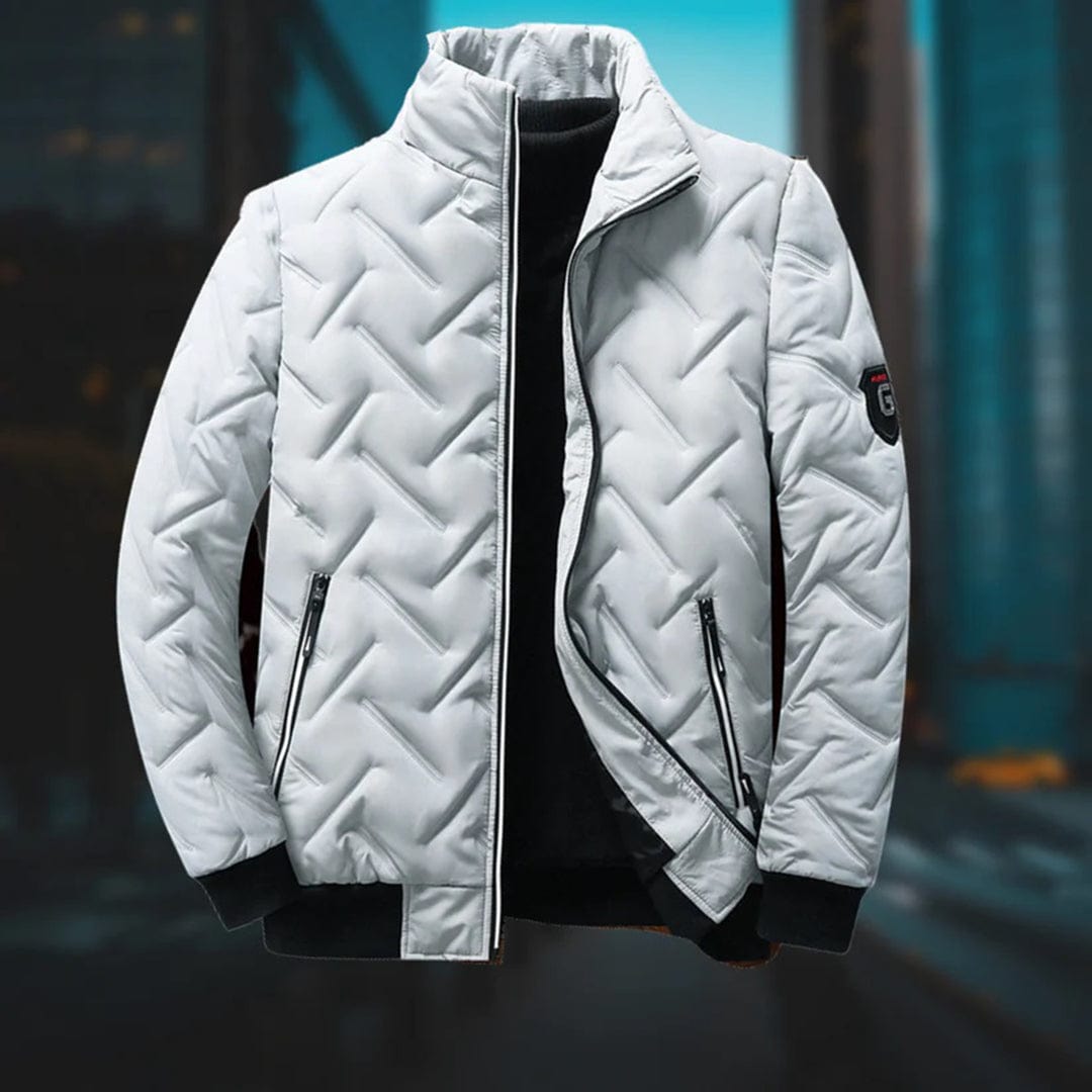 Close-up of men's quilted bomber jacket. Warm winter outerwear with stylish design for casual fashion.