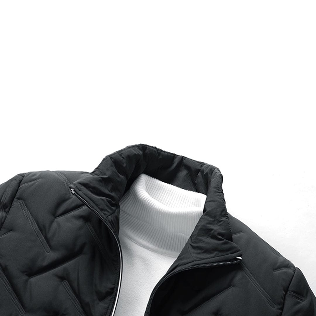 Back view: Men's warm quilted bomber jacket. Essential winter outerwear for stylish autumn layering & comfort.