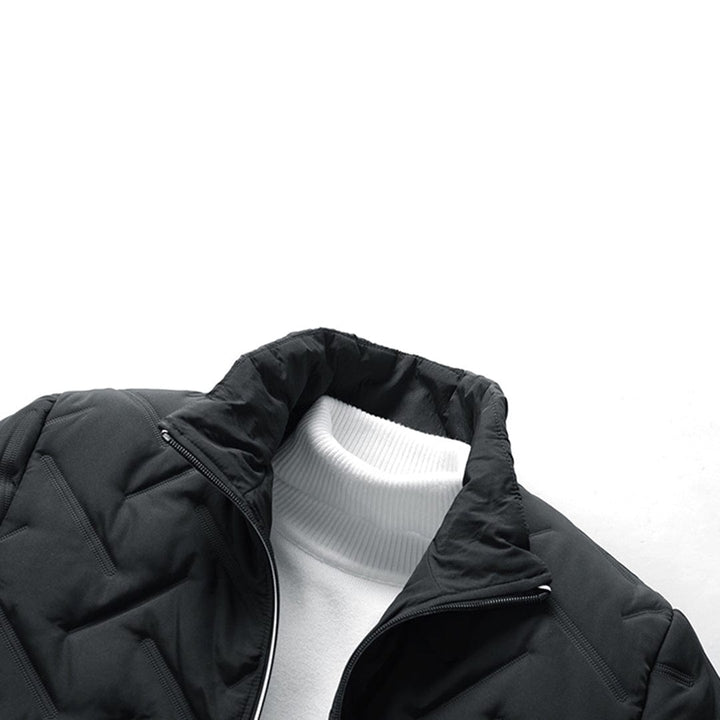 Back view: Men's warm quilted bomber jacket. Essential winter outerwear for stylish autumn layering & comfort.