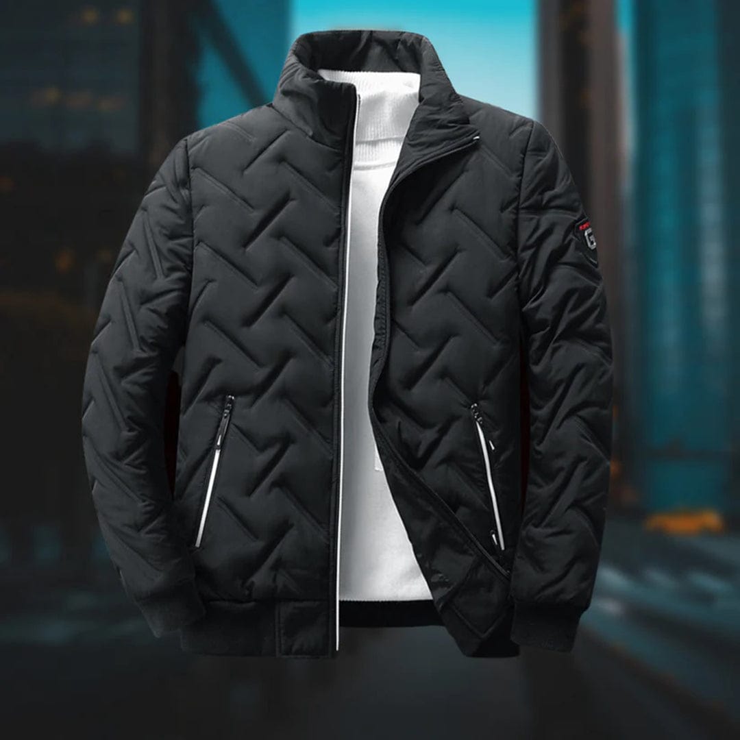 Man in a stylish warm quilted bomber jacket, enjoying winter. Casual men's outerwear, perfect for autumn.