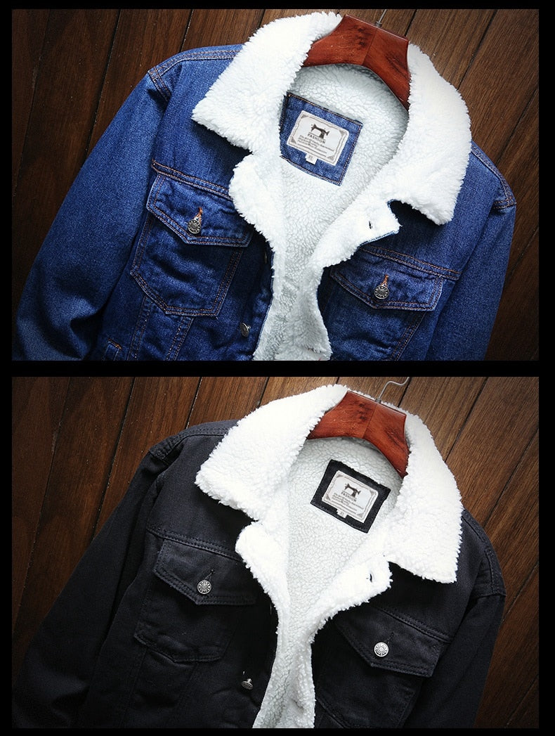 Classic men's retro denim jacket with warm fleece lining. Button-front, ideal for winter casual wear.