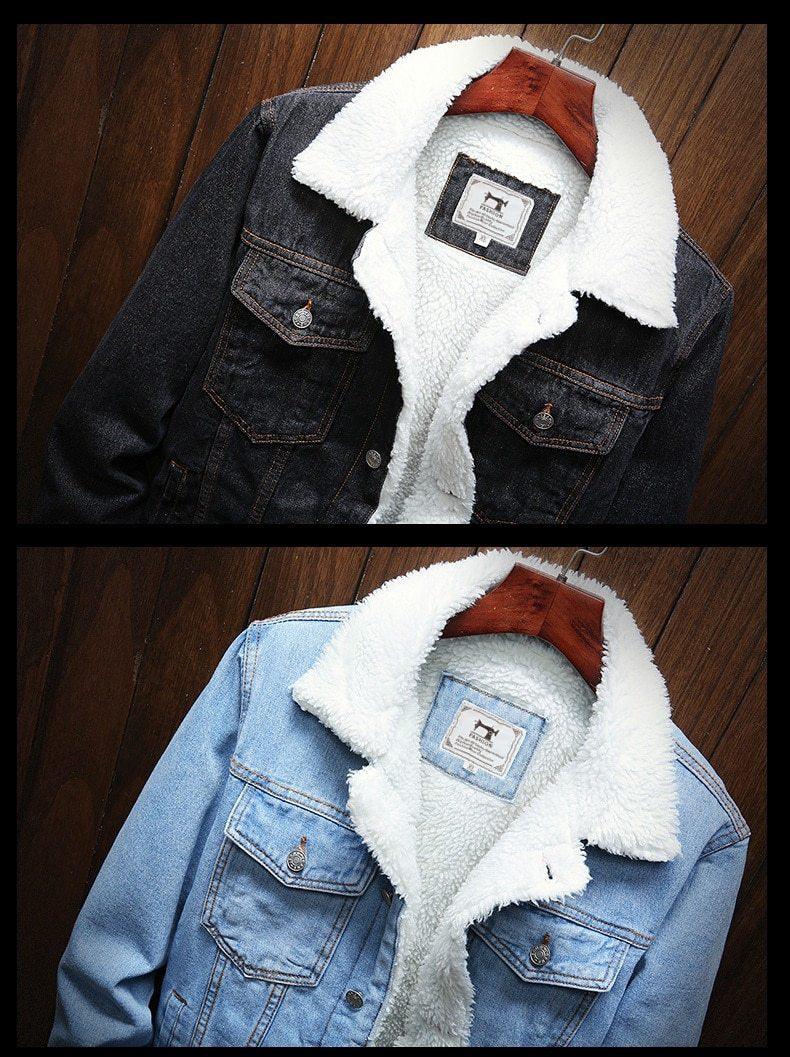 Men's retro blue denim jacket, fleece-lined for warmth. Button-front, durable winter outerwear.