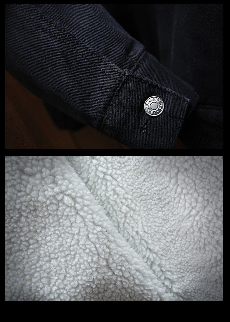 Comfortable men's retro black denim jacket, fleece-lined for warmth. Casual button-front winter wear.
