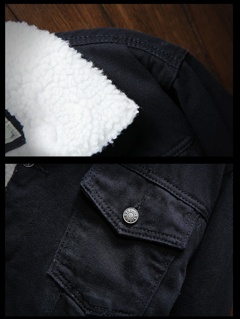 Men's warm button-front retro denim jacket with soft fleece lining, ideal for winter comfort.