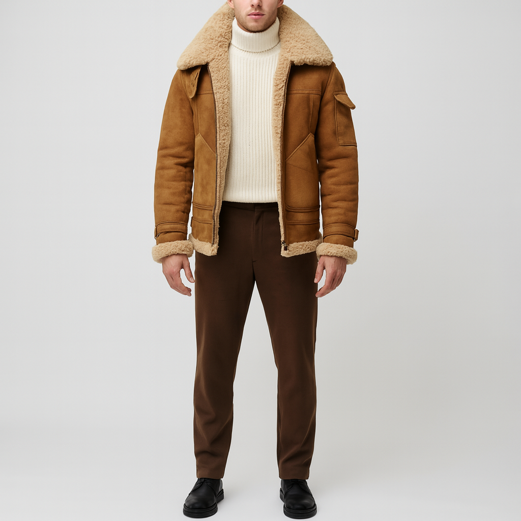 Men's warm shearling-style winter jacket, ideal for cold weather & urban fashion.