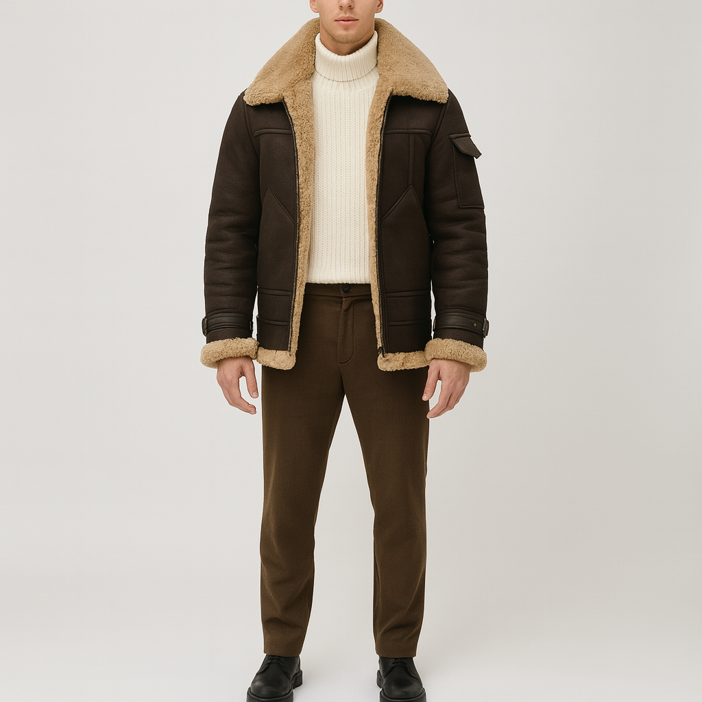 Men's warm winter jacket, shearling-style, providing essential warmth for cold weather.