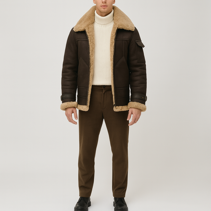 Men's warm winter jacket, shearling-style, providing essential warmth for cold weather.