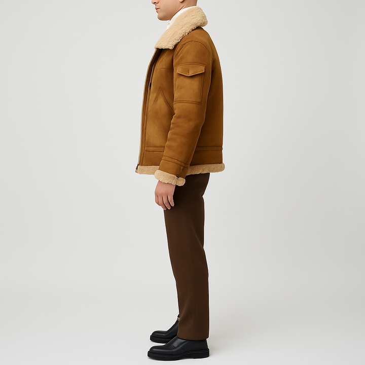 Durable men's shearling-style long-sleeve jacket, offering cozy winter warmth & stylish urban appeal.