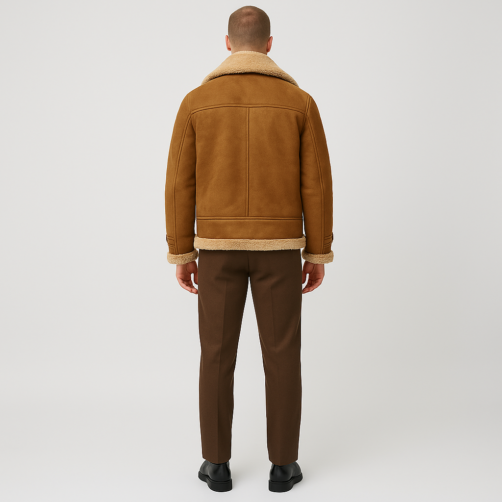 Classic men's shearling-style winter jacket, long-sleeve, combining warmth with a stylish casual look.