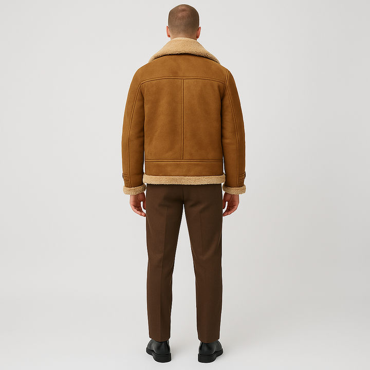 Classic men's shearling-style winter jacket, long-sleeve, combining warmth with a stylish casual look.