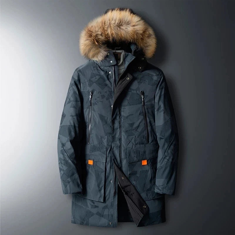 Stylish men's insulated parka coat, offering ultimate cold weather protection. Essential winter outerwear.