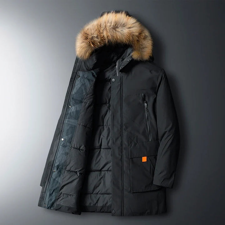 Durable men's parka jacket with a protective hood, designed for extreme cold & harsh winter conditions. Warm outerwear.