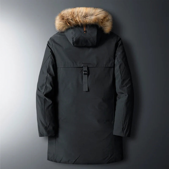 Men's heavy-duty winter parka, perfect for outdoor activities & urban exploration in freezing temperatures.