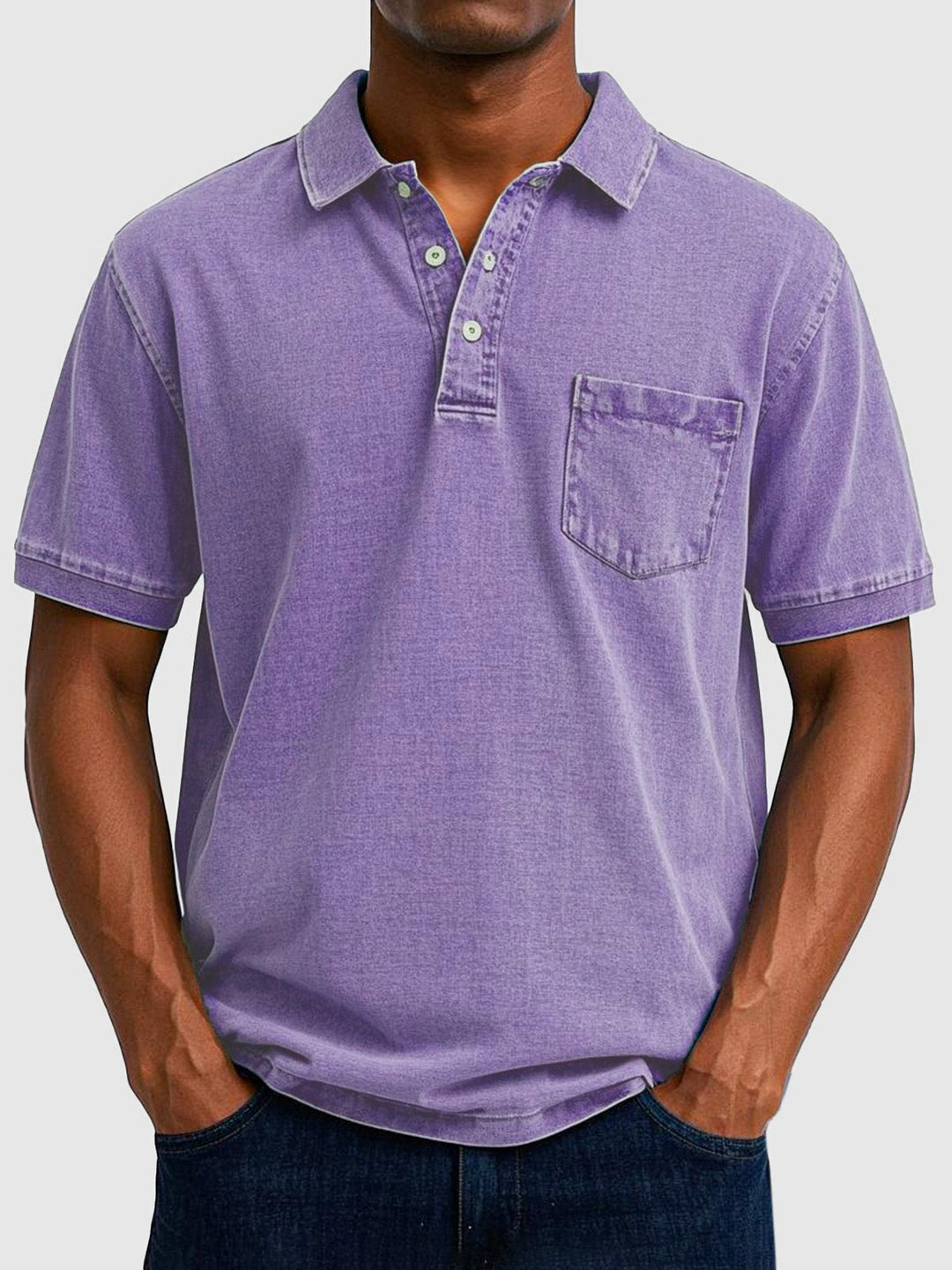 Everyday men's casual short sleeve polo shirt. Washed look, button neck, offering great comfort.