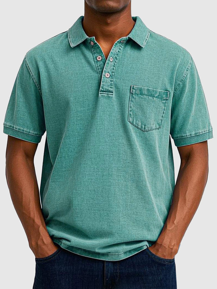 Comfortable men's washed polo top, perfect for summer. Versatile short sleeve button-neck style.