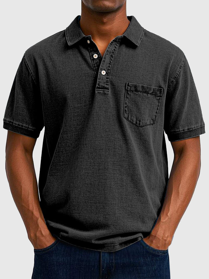 Stylish men's washed polo top with button neck. Effortless short sleeve casual wear for summer.