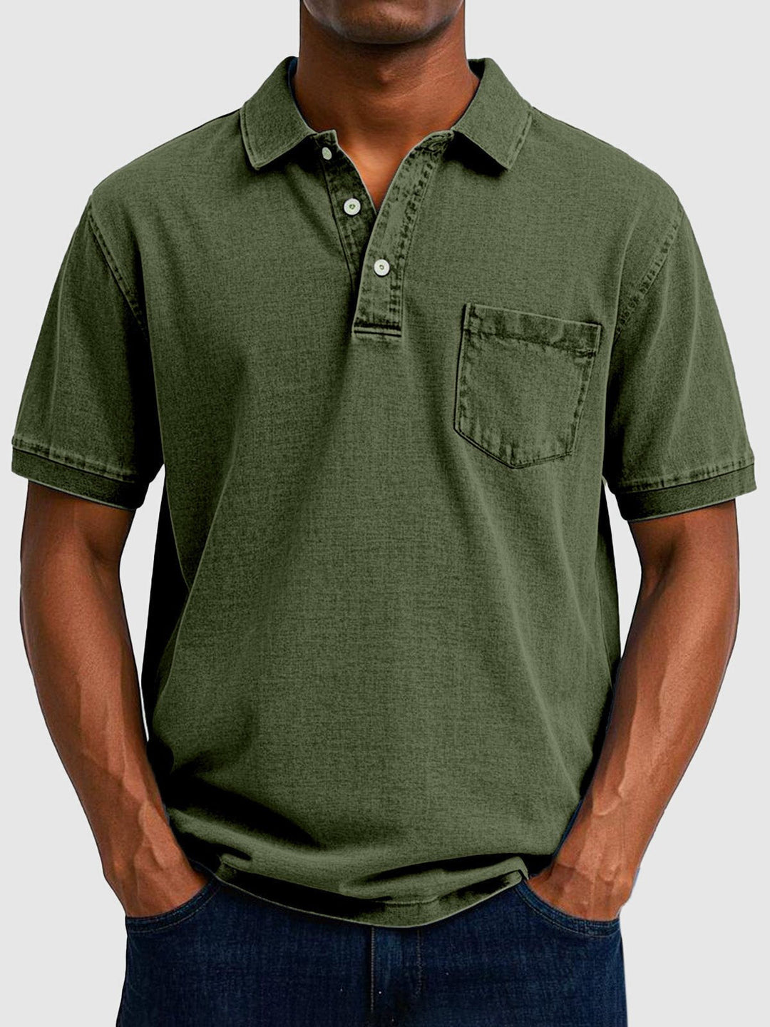 Versatile men's casual polo top with a washed finish. Short sleeve, button neck for relaxed style.
