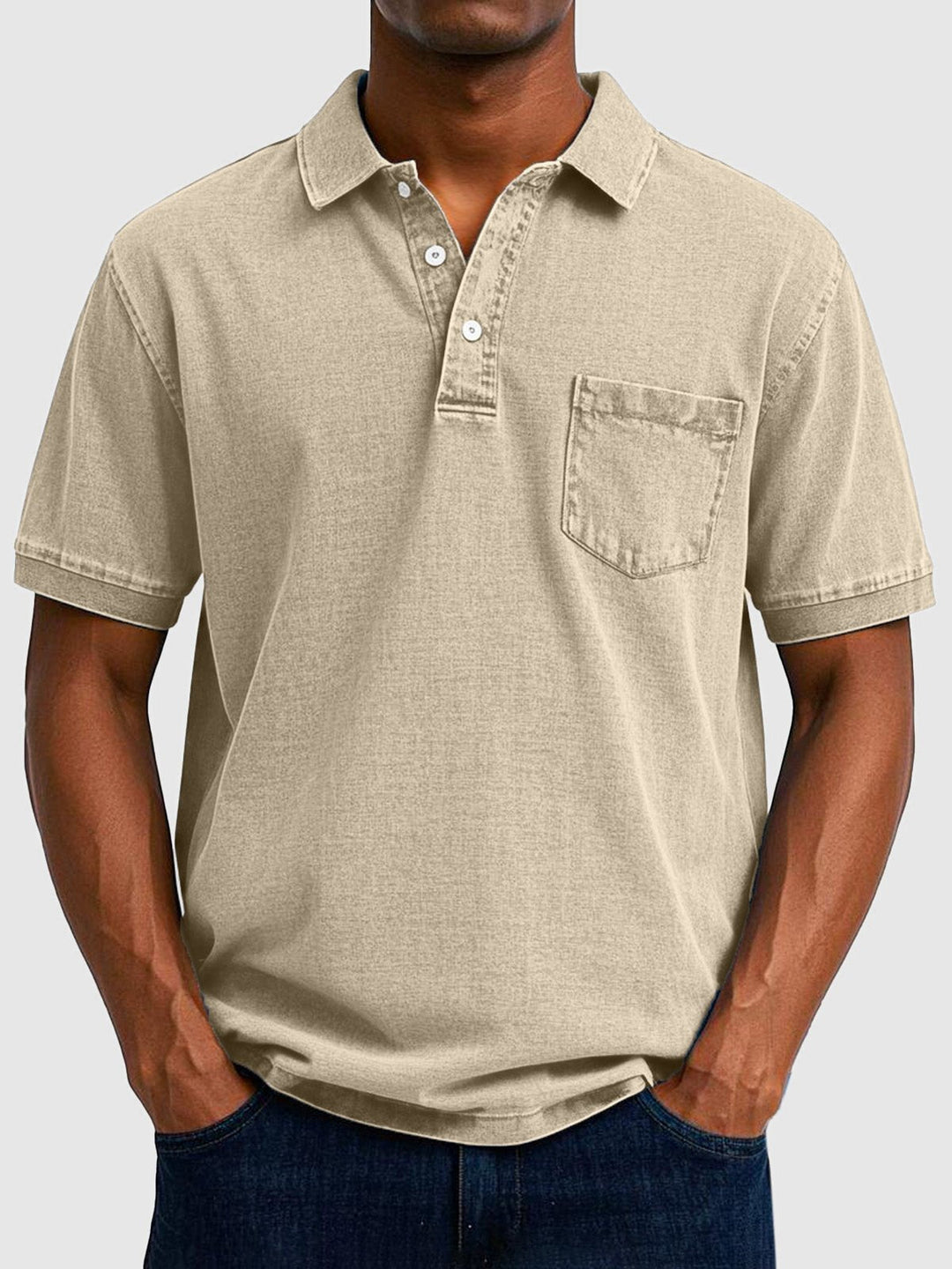 Relaxed fit men's washed polo, short sleeve with a neat button neck. Great for daily casual outfits.