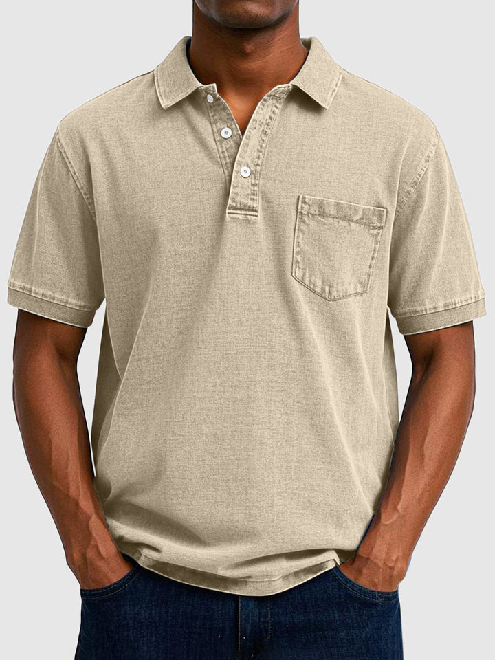 Relaxed fit men's washed polo, short sleeve with a neat button neck. Great for daily casual outfits.