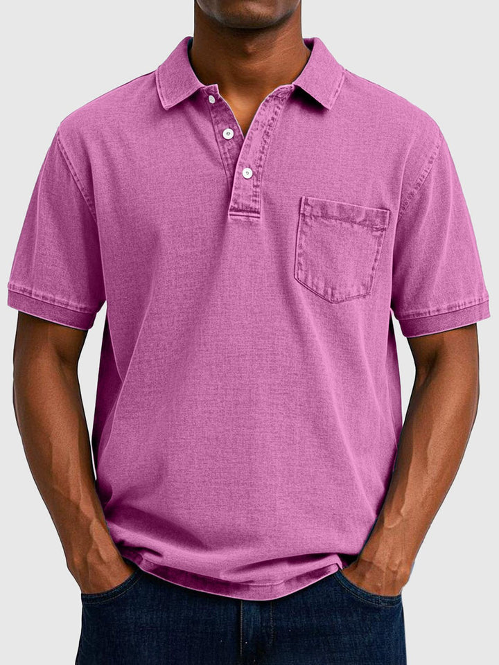 Men's comfortable short sleeve polo shirt. Washed fabric, button neck, perfect for summer casuals.