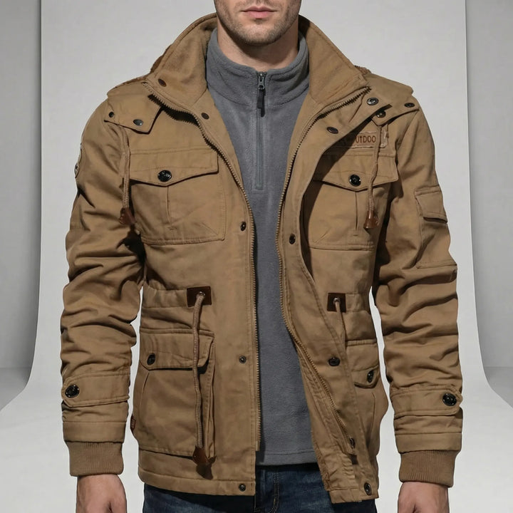 Man wearing a versatile men's water-repellent parka, showcasing its urban style and weather protection.