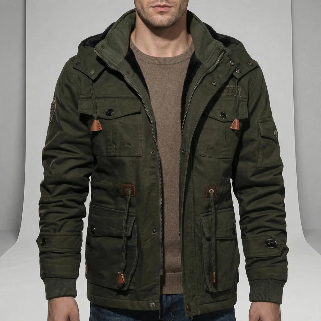 Detail of the men's water-resistant everyday parka, highlighting durable fabric for ultimate fall & winter protection.