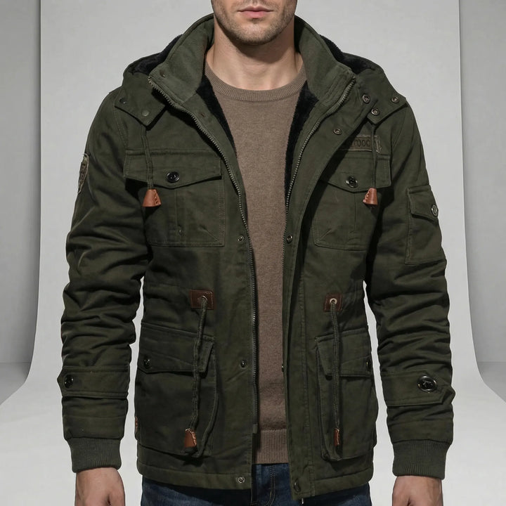 Detail of the men's water-resistant everyday parka, highlighting durable fabric for ultimate fall & winter protection.