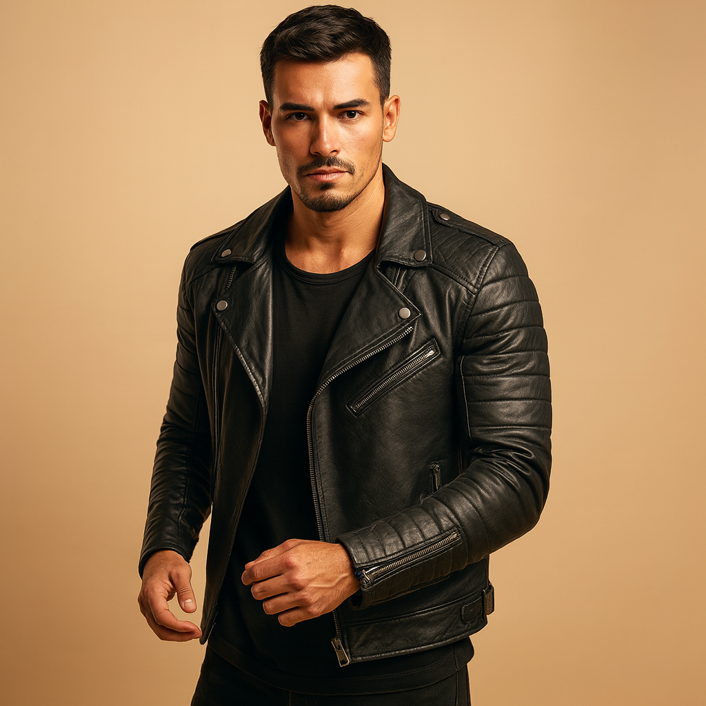 Men's waterproof biker jacket, black, durable all-weather outerwear for motorcycle riders & everyday style.