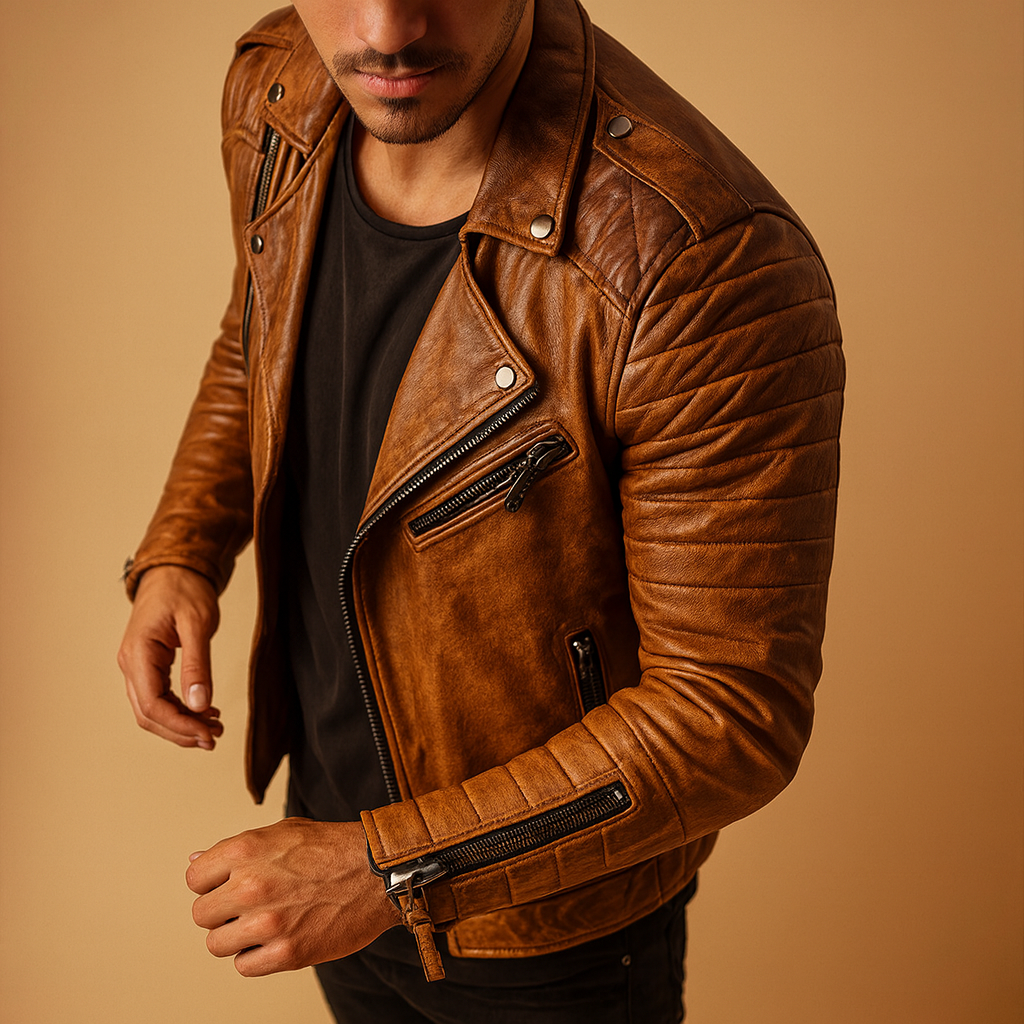 Stylish men's waterproof biker jacket, wind-resistant design offering protection for autumn & winter rides.