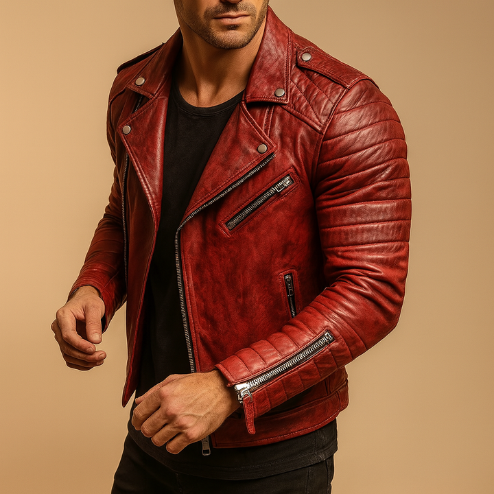 Rugged men's motorcycle jacket, waterproof and windproof, perfect for all-weather riding & urban fashion.