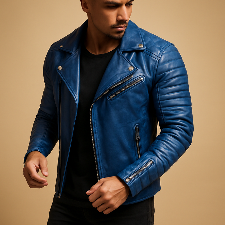 Black men's waterproof biker jacket, practical and stylish outerwear for cold and rainy weather protection.