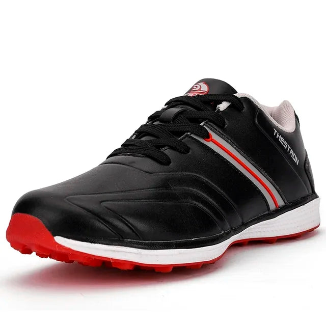 Men's waterproof golf shoes with fixed spikes for superior course traction & performance.