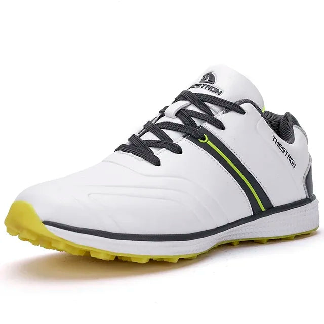 High-performance men's golf shoes, waterproof, featuring fixed spikes for athletic course wear.
