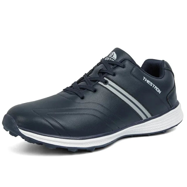 Waterproof men's golf shoes with fixed spikes, providing excellent grip for all course conditions.