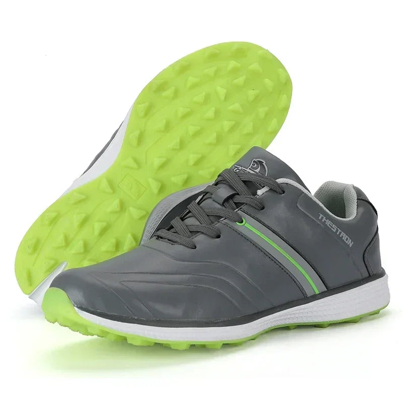 Comfortable men's waterproof golf shoes, featuring fixed spike traction for better stability.