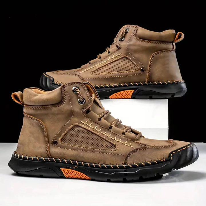Back view of men's waterproof hiking boots, showcasing sturdy construction & comfort design.